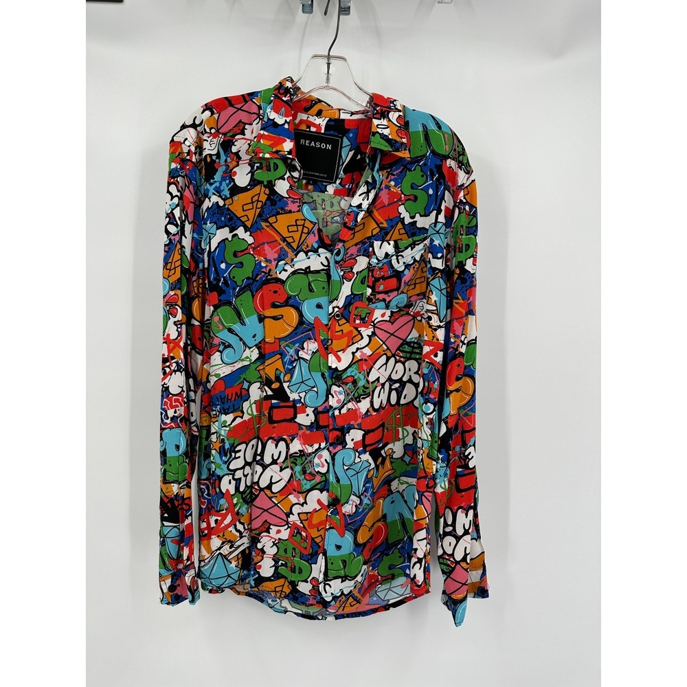 Reason Mens Graffiti Print Streetwear Shirt Size L Bold Urban Colorful Hip Hop